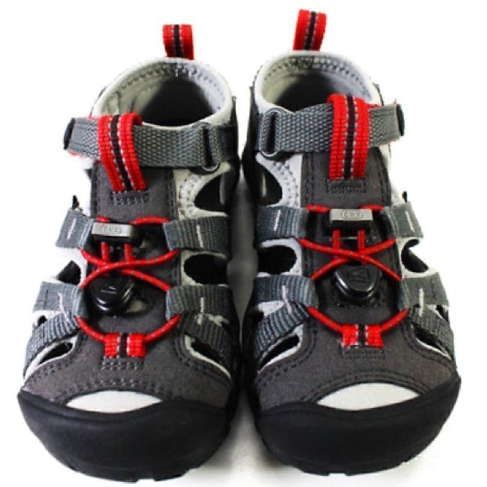 Keen Boys' Girls Strappy Rubber Sole Hook Pile Tape Sandals Gray Red | 3 Y